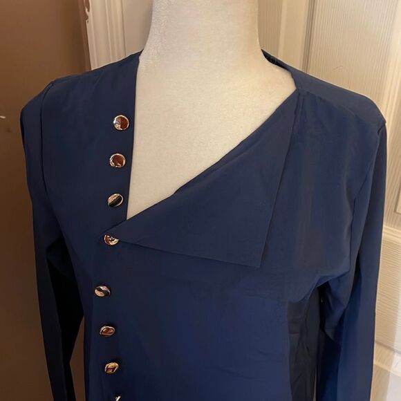 Long Sleeve Button Up Blouse NWOT medium navy blue - Picture 1 of 10